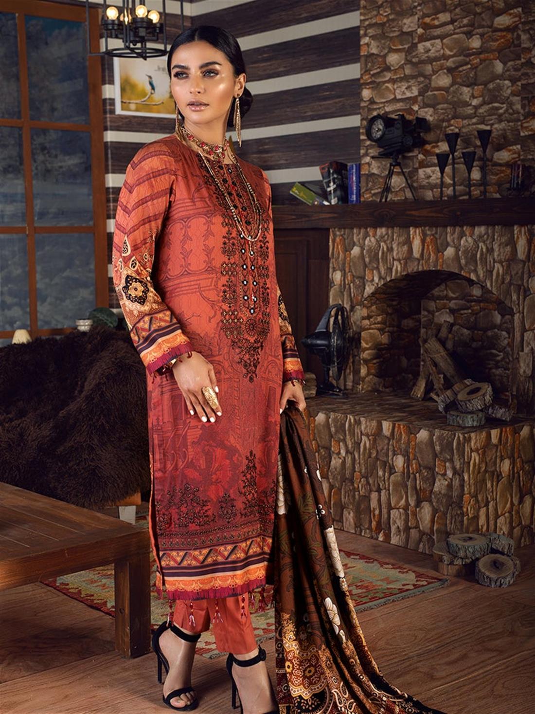 Burnt Orange Embroidered Linen Ladies Readymade