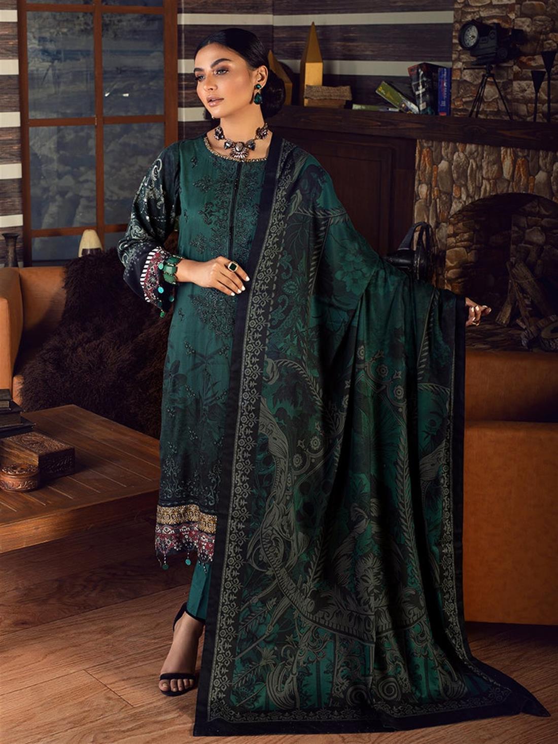 Green Embroidered Linen Ladies Readymade