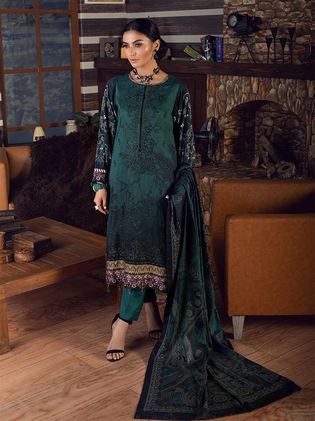 Green Embroidered Linen Ladies Readymade