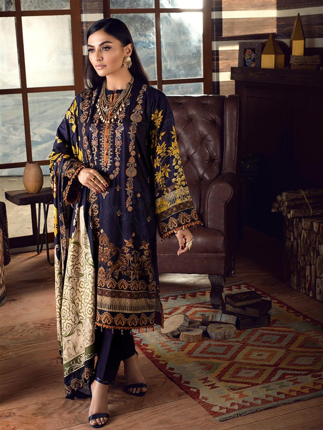 Dark Purple Embroidered Linen Ladies Readymade