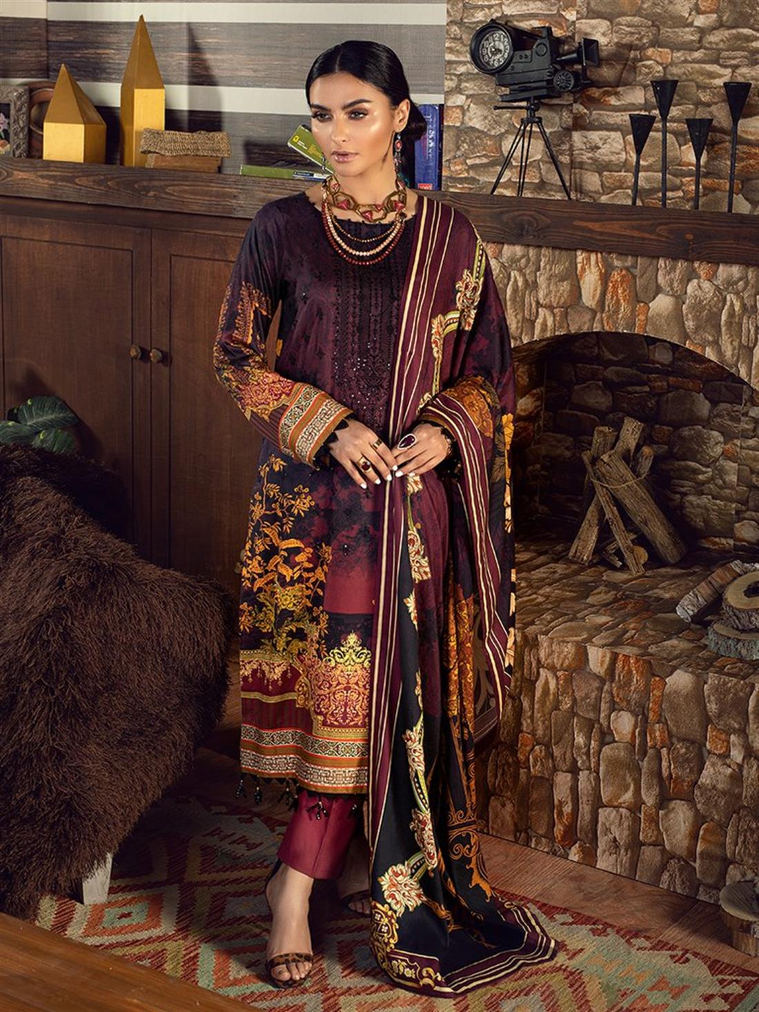 Purple & Multicolour Embroidered Linen Ladies Readymade