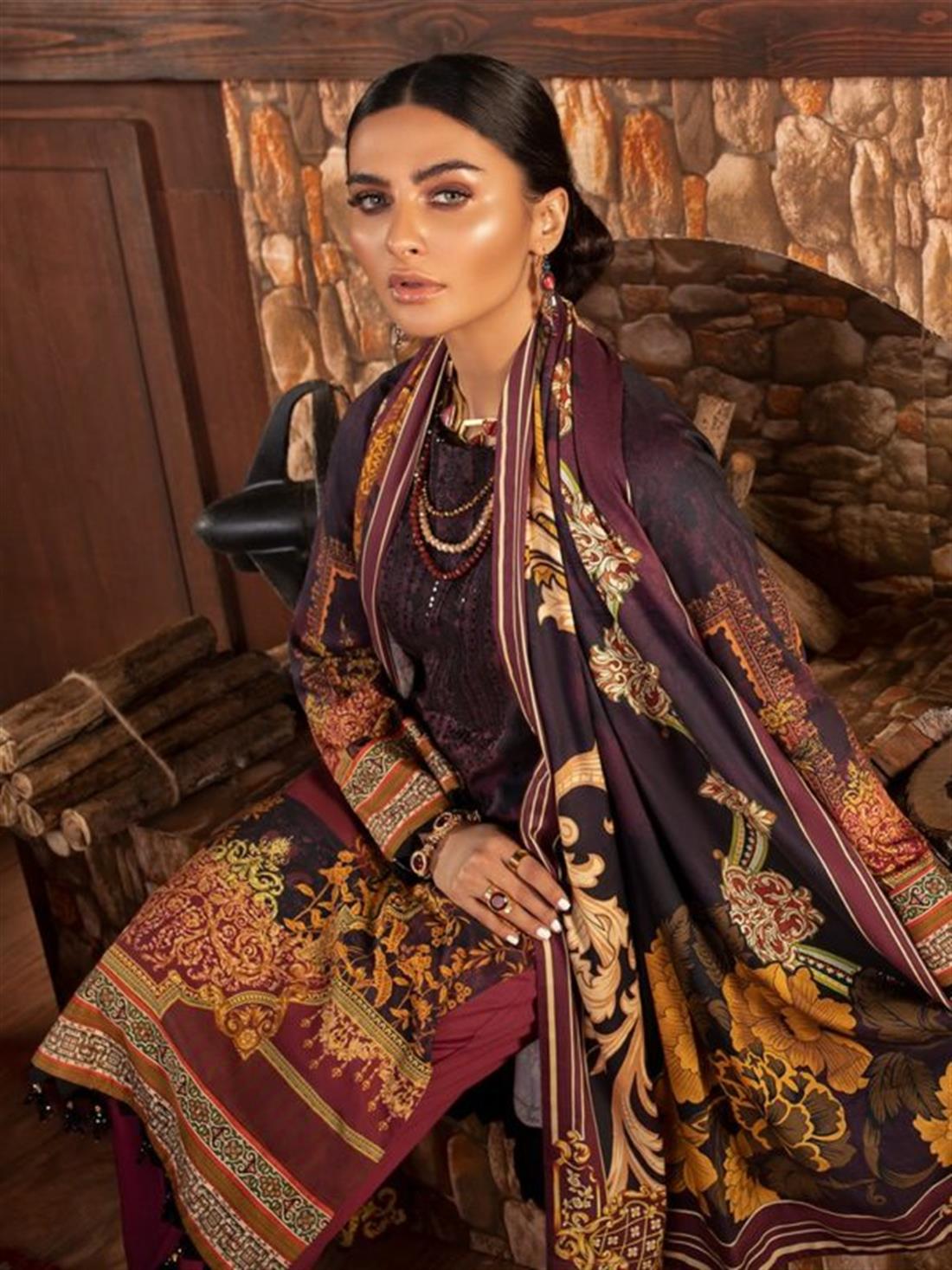 Purple & Multicolour Embroidered Linen Ladies Readymade