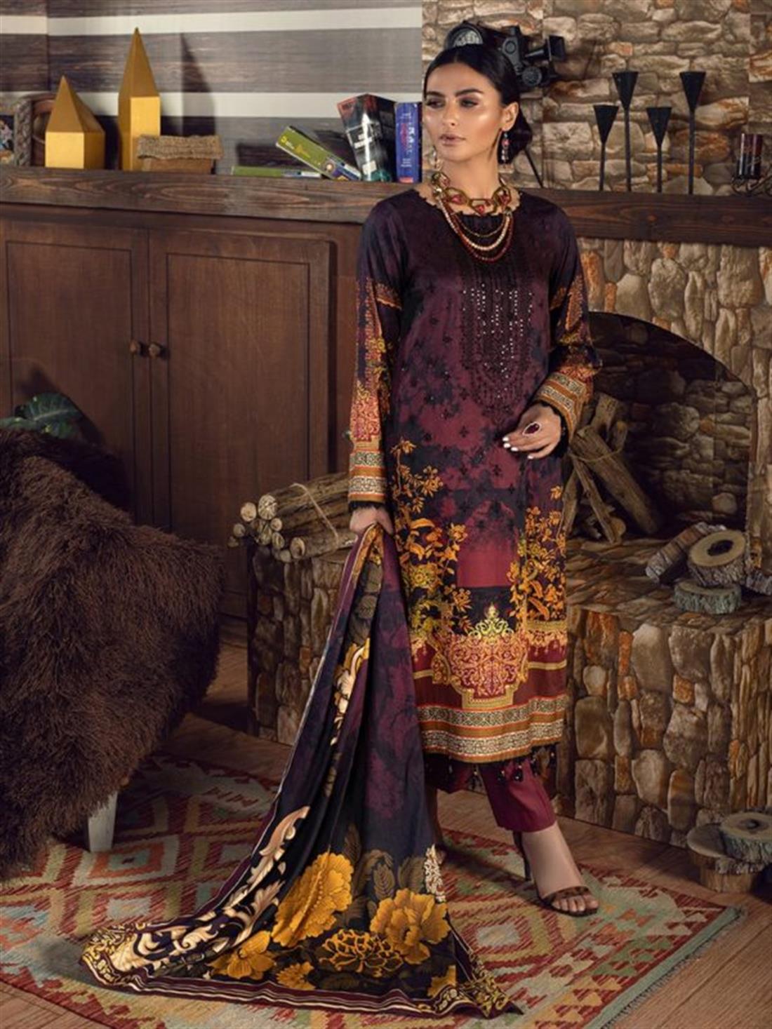 Purple & Multicolour Embroidered Linen Ladies Readymade