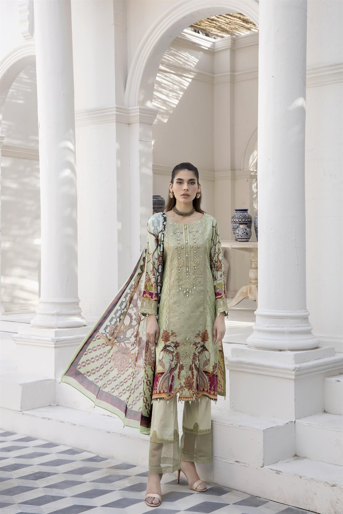 Mint Embroidered Lawn 3 Piece Cotton Salwar Suit with Silk Dupatta