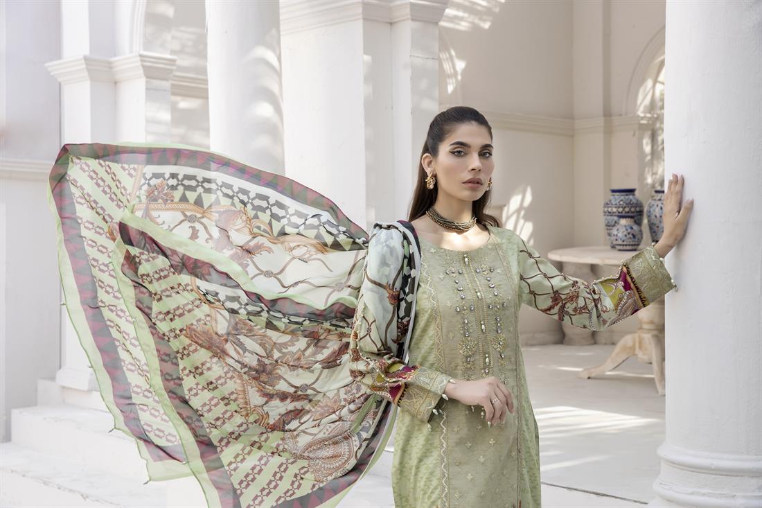 Mint Embroidered Lawn 3 Piece Cotton Salwar Suit with Silk Dupatta