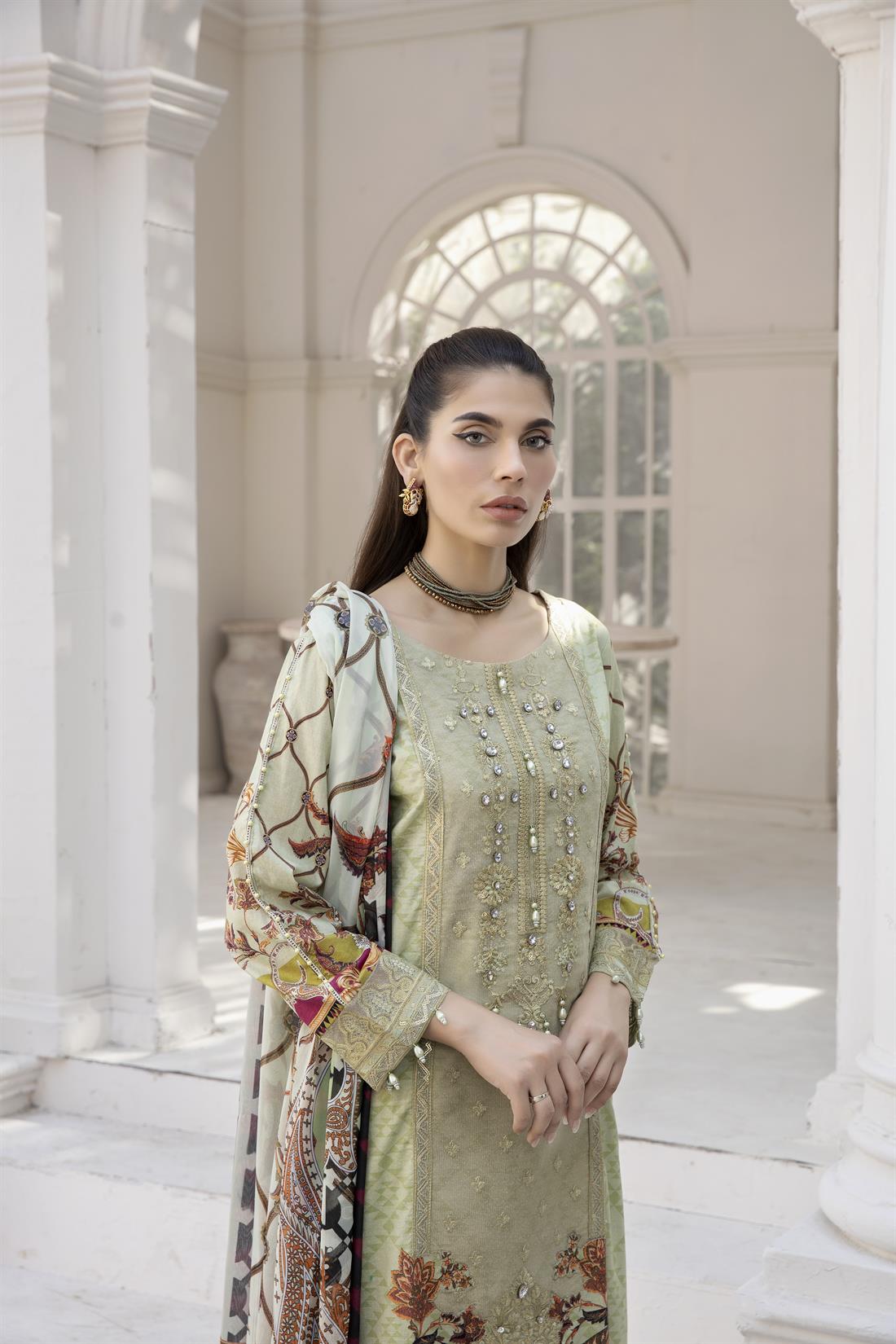 Mint Embroidered Lawn 3 Piece Cotton Salwar Suit with Silk Dupatta