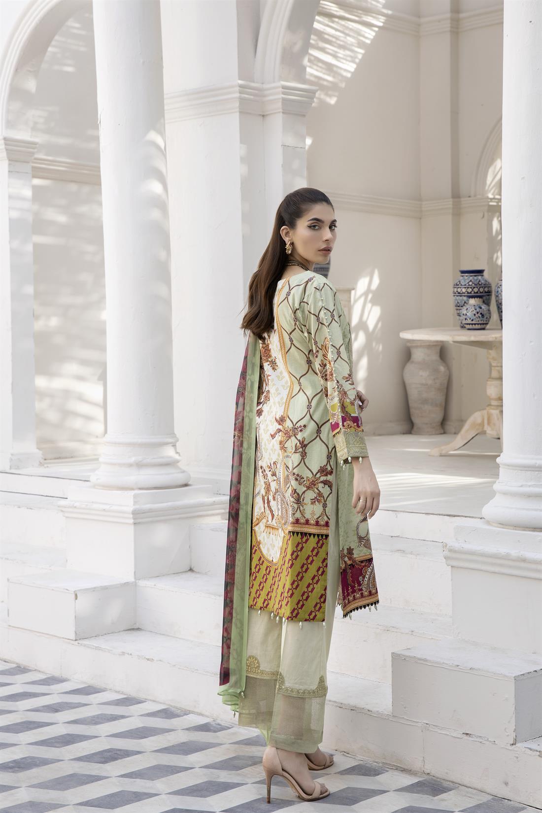Mint Embroidered Lawn 3 Piece Cotton Salwar Suit with Silk Dupatta