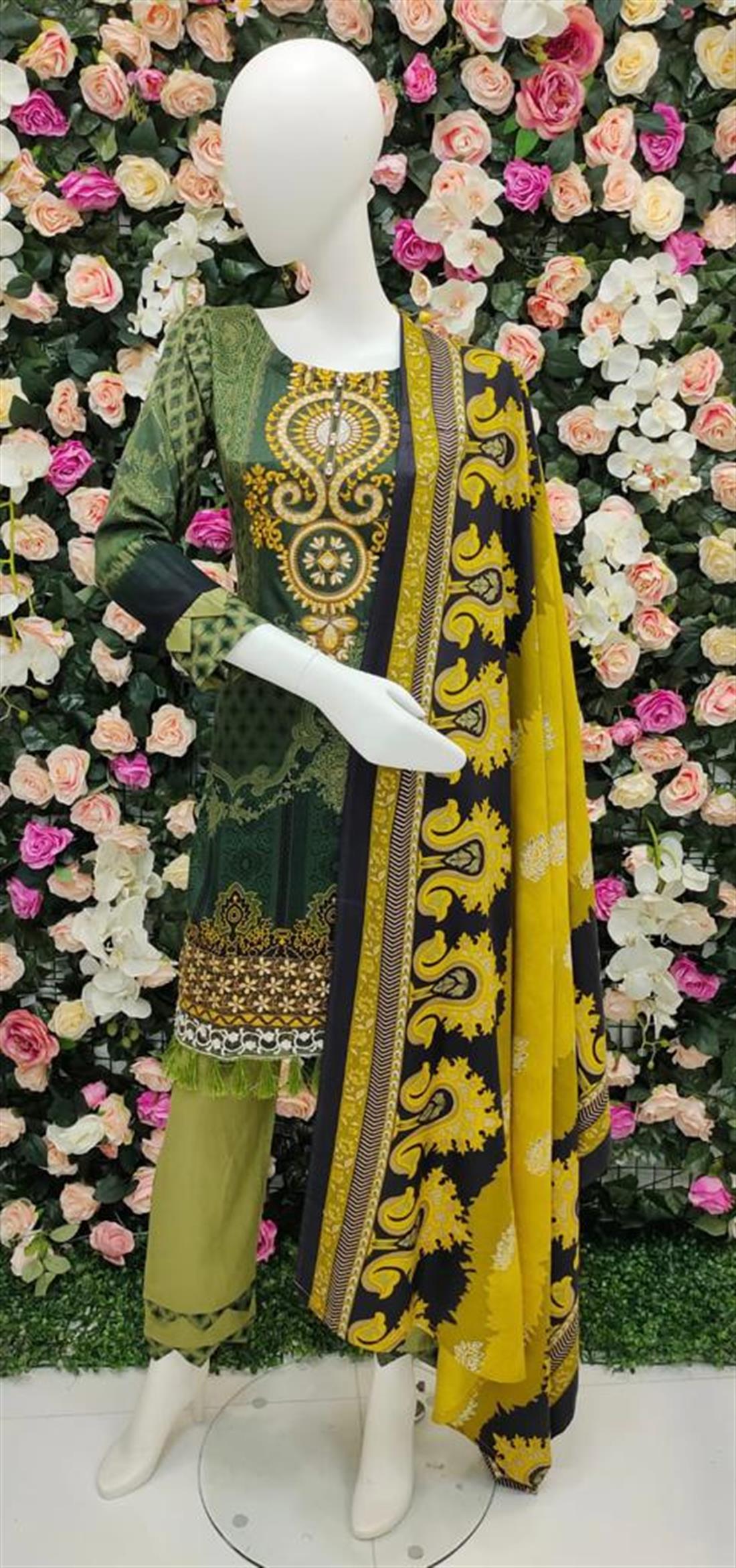 Green Thread Embroidered Shirt with Dyed Trouser