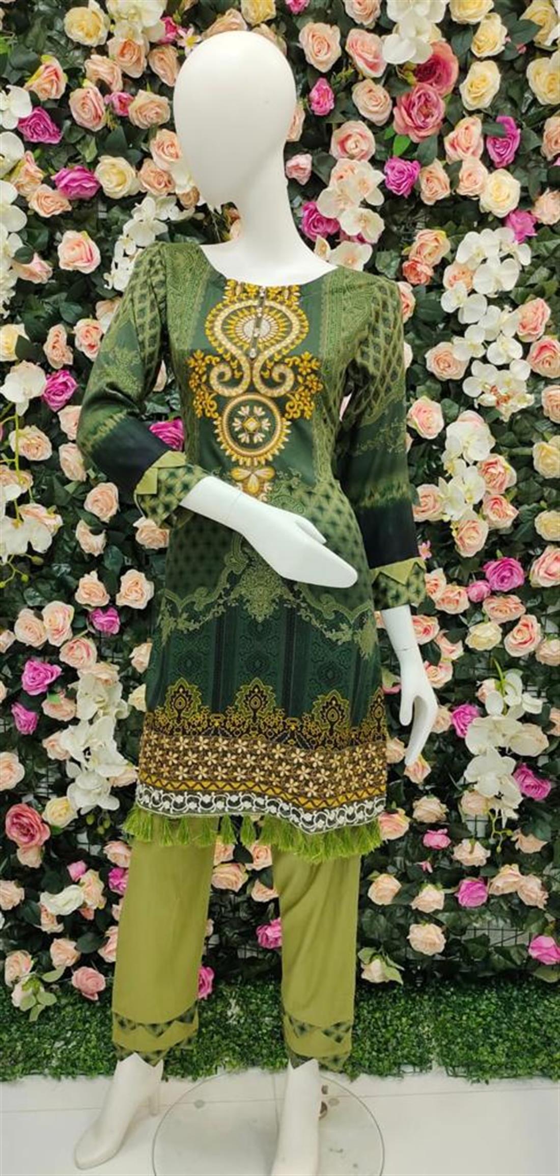 Green Thread Embroidered Shirt with Dyed Trouser