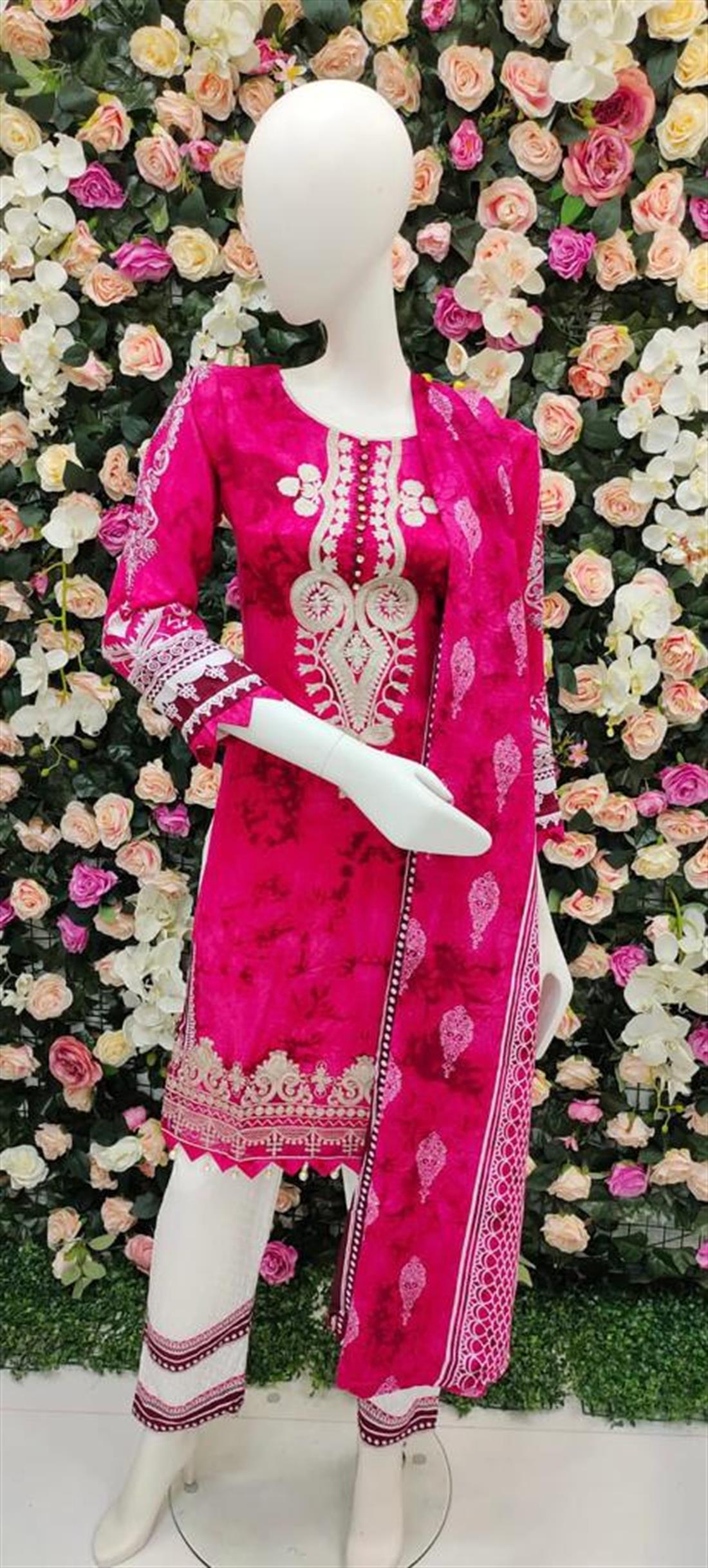 Hot Pink 3 Piece Blue Embroidered Shirt with Dyed Trouser