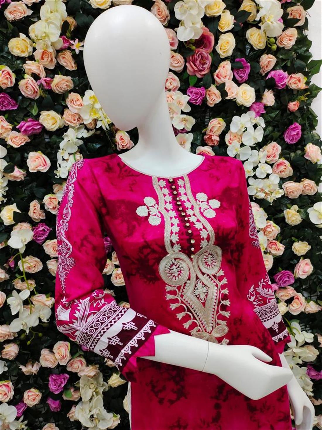Hot Pink 3 Piece Blue Embroidered Shirt with Dyed Trouser