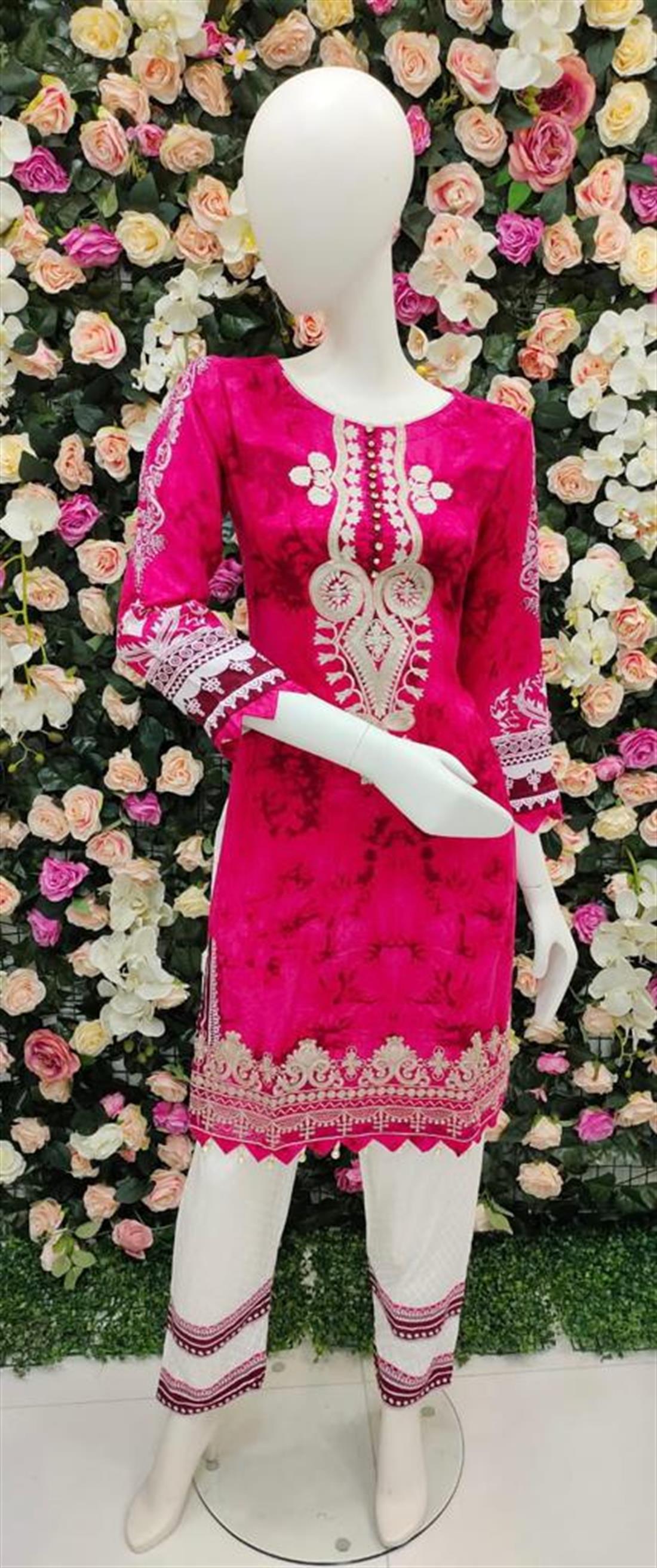 Hot Pink 3 Piece Blue Embroidered Shirt with Dyed Trouser