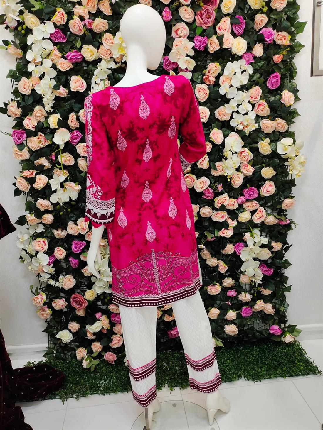 Hot Pink 3 Piece Blue Embroidered Shirt with Dyed Trouser