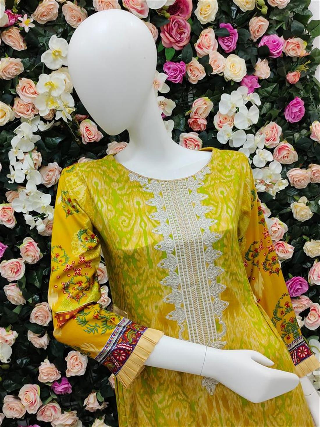 Yellow 3 Piece Embroidered Frock with DyedTrouser
