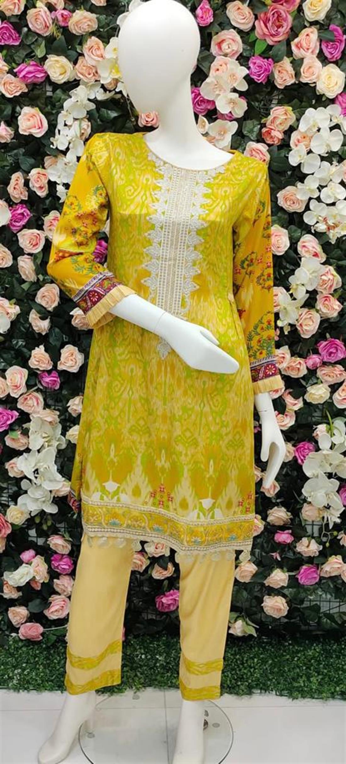 Yellow 3 Piece Embroidered Frock with DyedTrouser