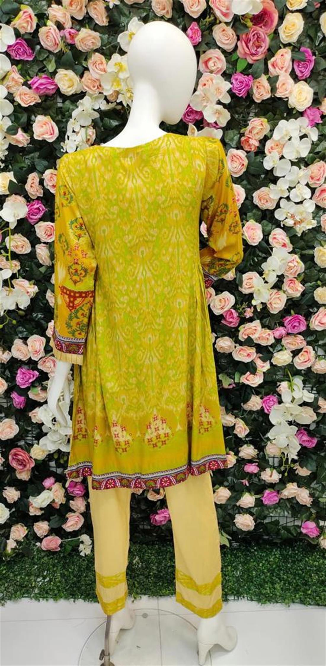 Yellow 3 Piece Embroidered Frock with DyedTrouser