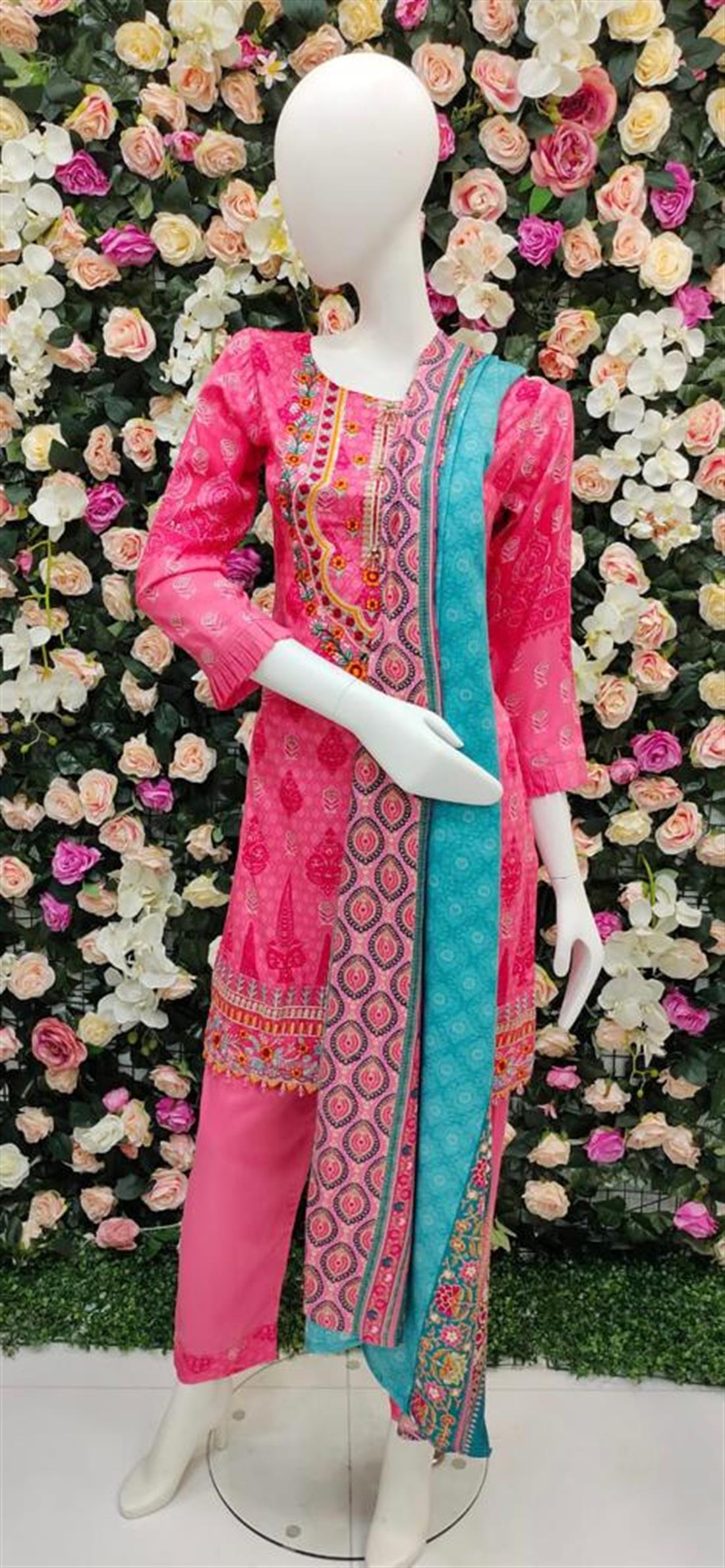 Pink 3 Piece Thread Embroidered Shirt with Dyed Trouser