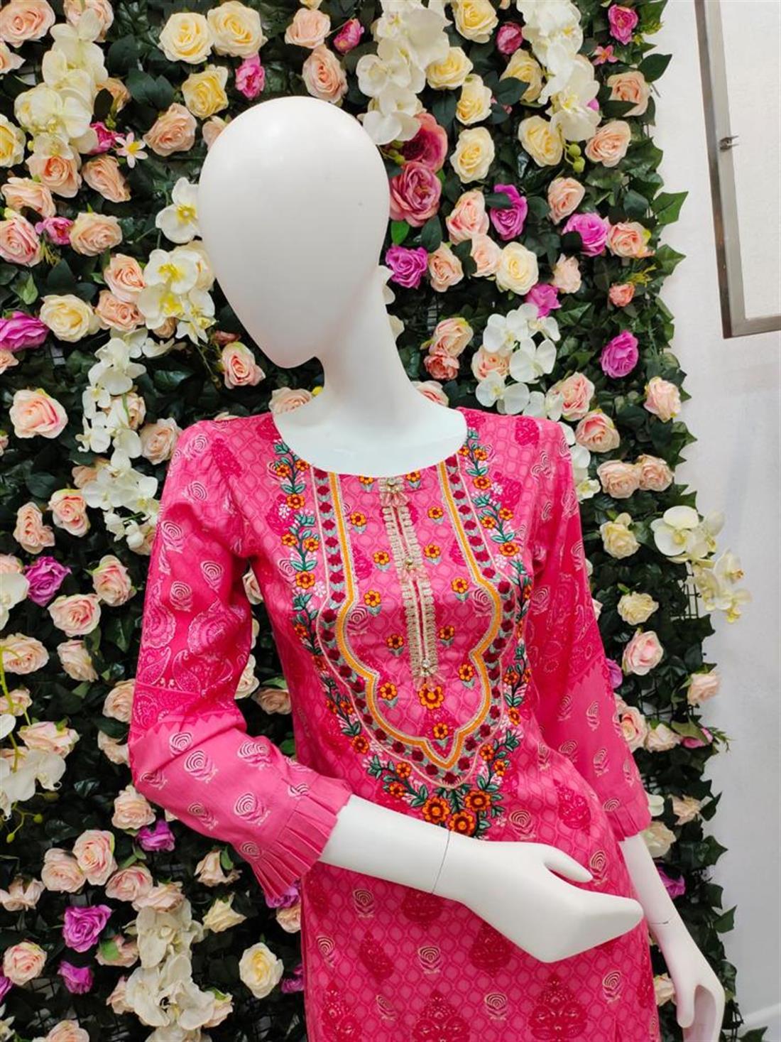 Pink 3 Piece Thread Embroidered Shirt with Dyed Trouser