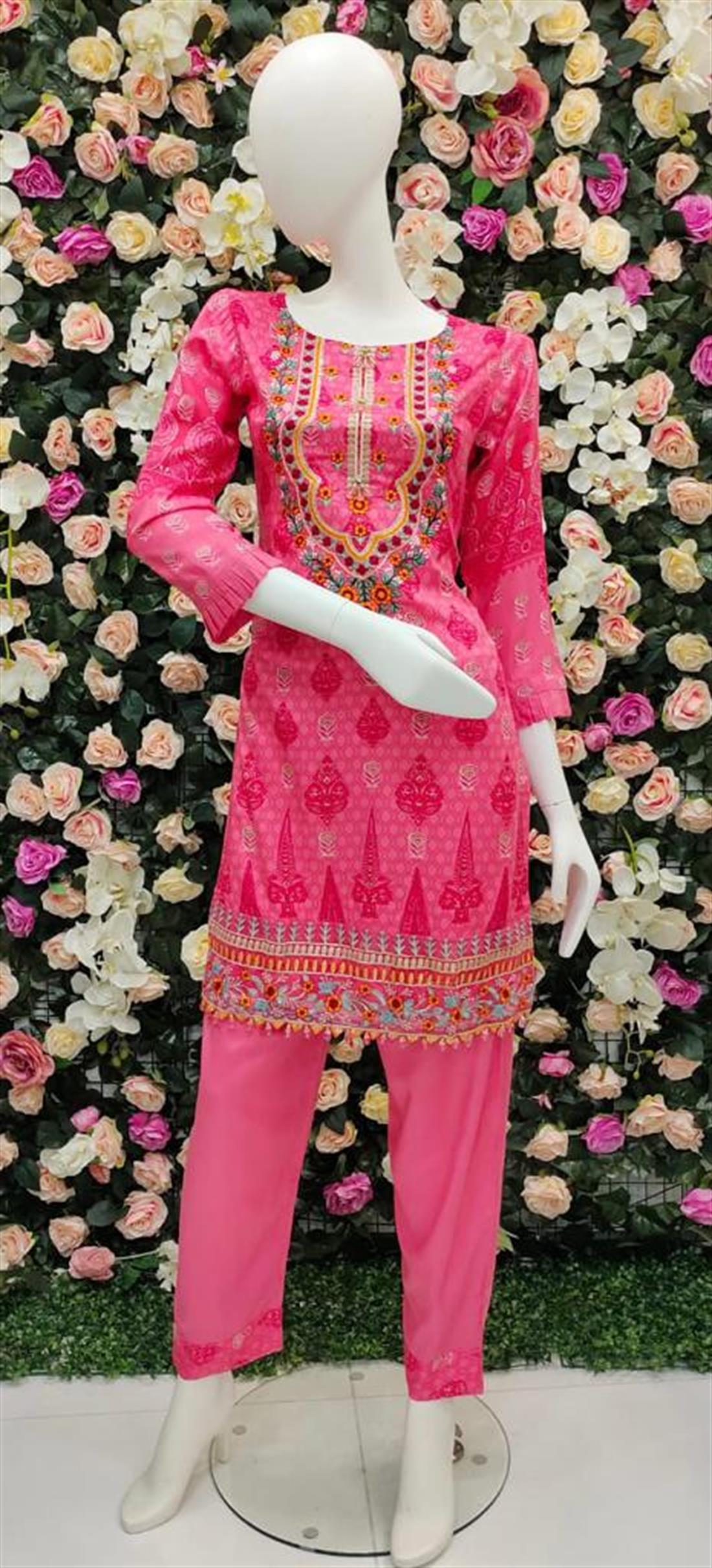 Pink 3 Piece Thread Embroidered Shirt with Dyed Trouser