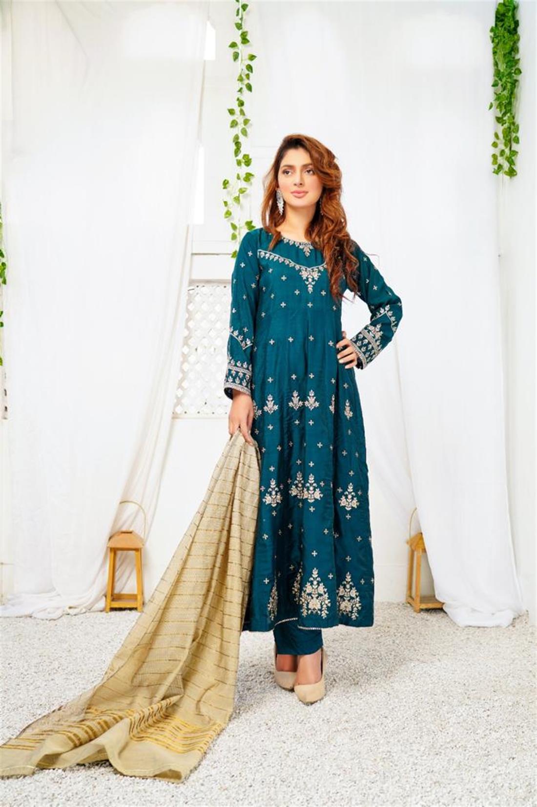Dark Teal Cotton 3 Piece Embroidered Maxi Dress with Dupatta