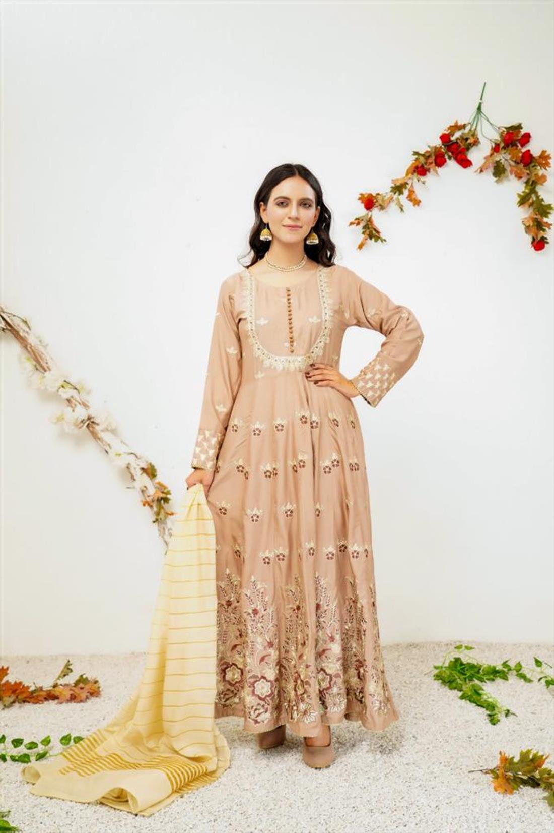 Beige & Maroon Cotton Mint/Maroon Embroidered Maxi Dress with Dupatta