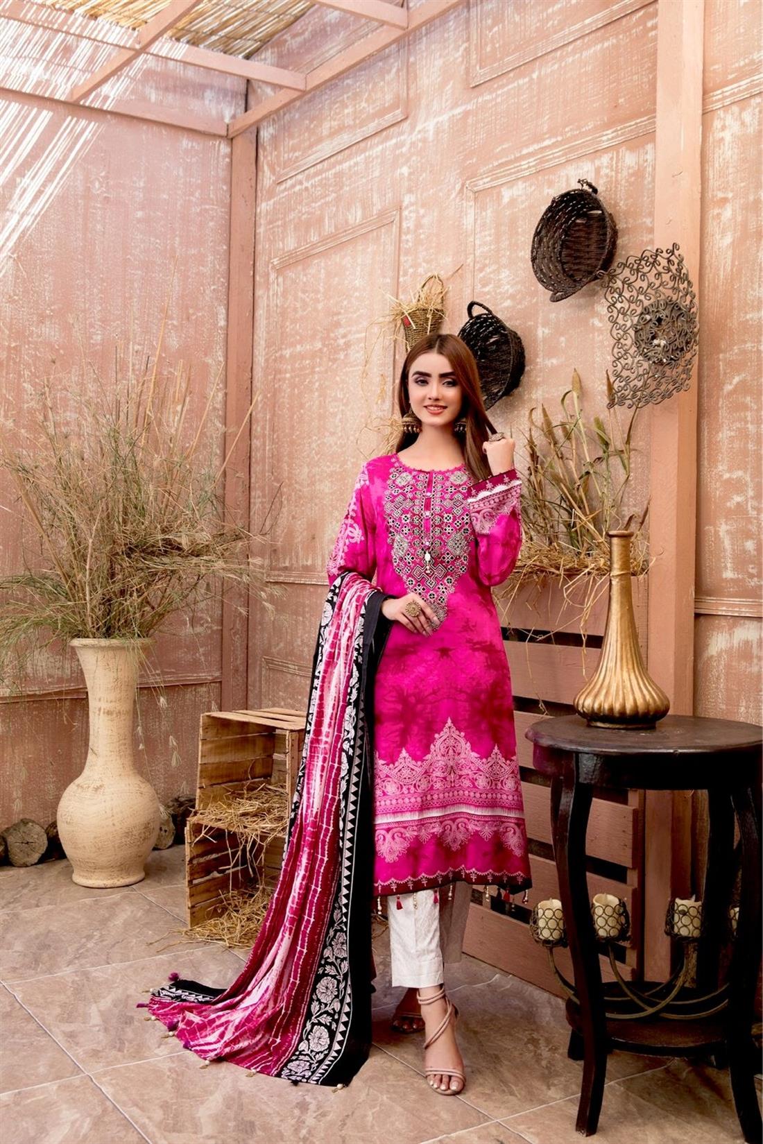 Pink 3 Piece Embroidered Printed Linen Salwar Kameez