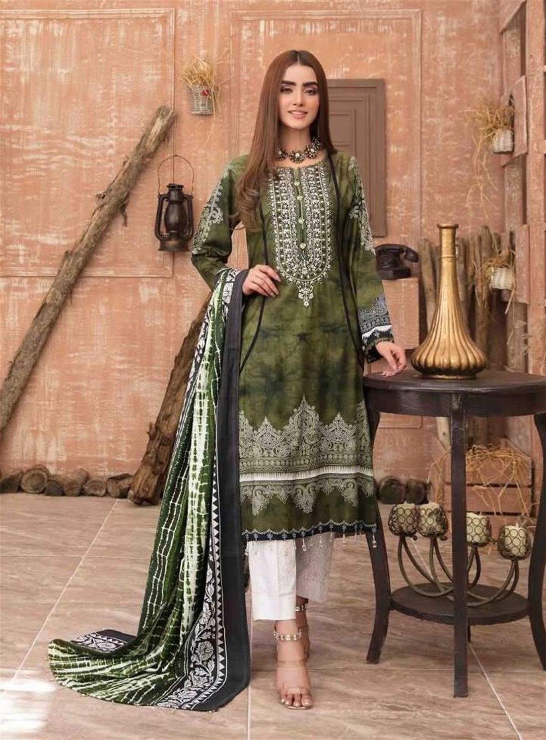 Spinach Green Embroidered Linen Ladies Readymade