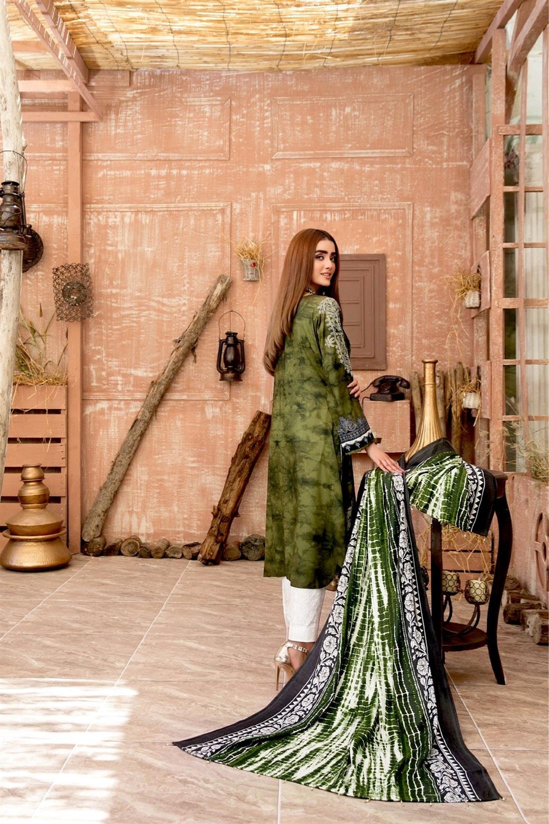 Spinach Green Embroidered Linen Ladies Readymade