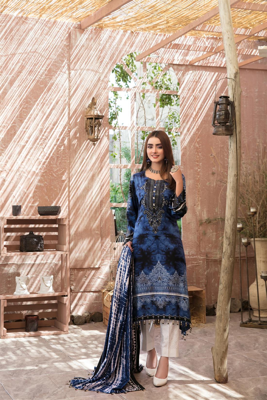 Blue Embroidered Linen Ladies Readymade