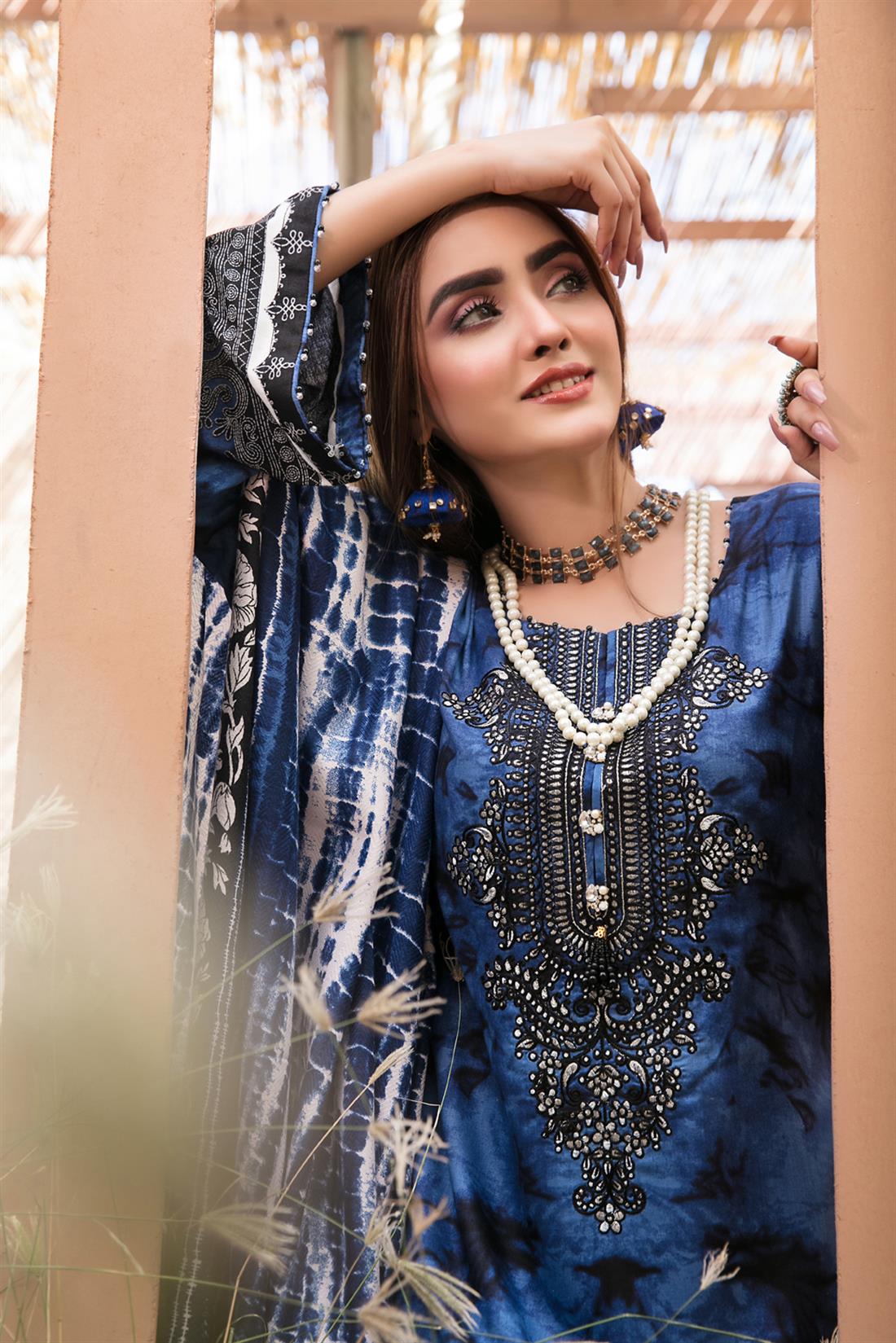 Blue Embroidered Linen Ladies Readymade