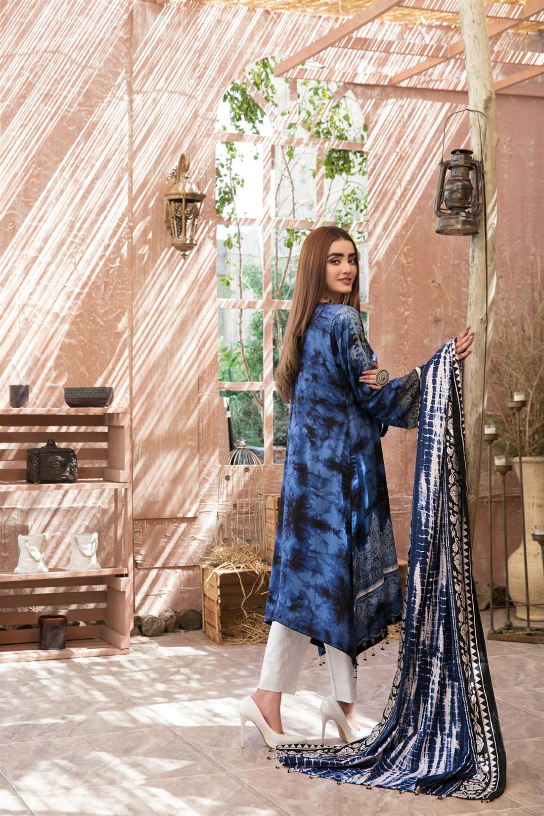 Blue Embroidered Linen Ladies Readymade