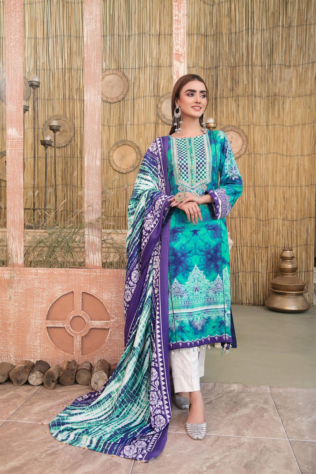 Sea Green Embroidered Printed Linen Salwar Kameez