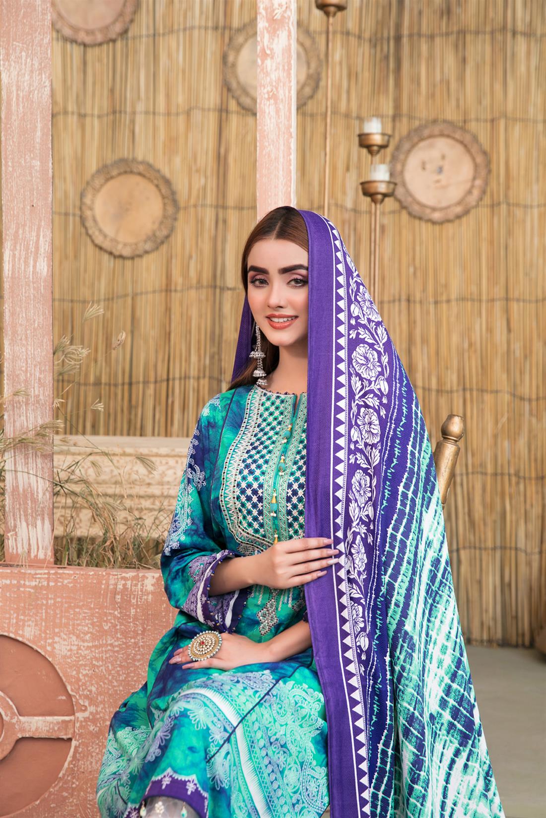 Sea Green Embroidered Printed Linen Salwar Kameez