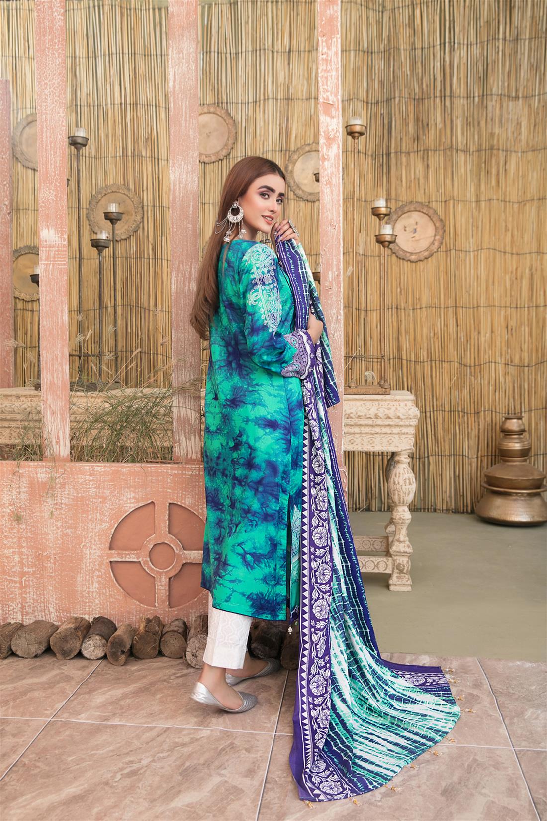 Sea Green Embroidered Printed Linen Salwar Kameez