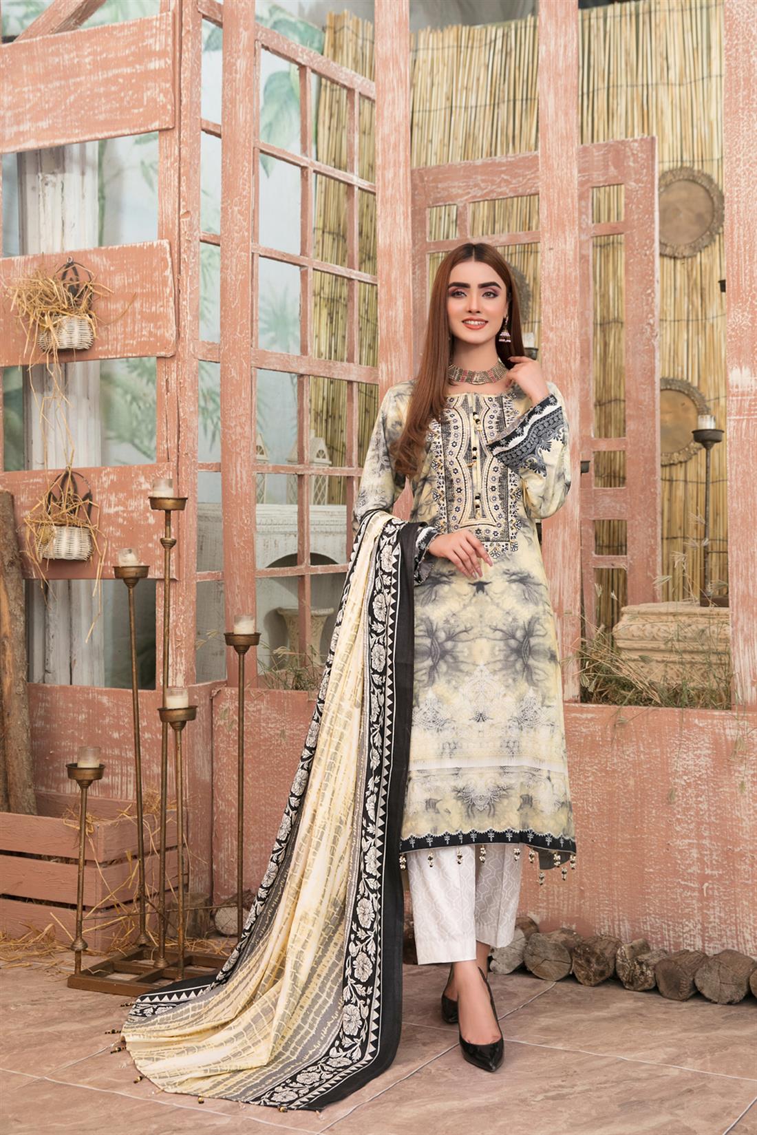 Cream Embroidered Linen Ladies Readymade