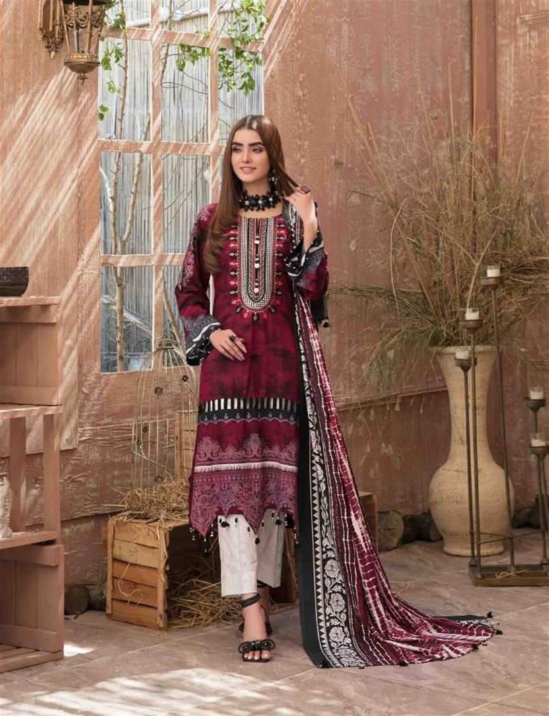 Maroon Embroidered Linen Ladies Readymade