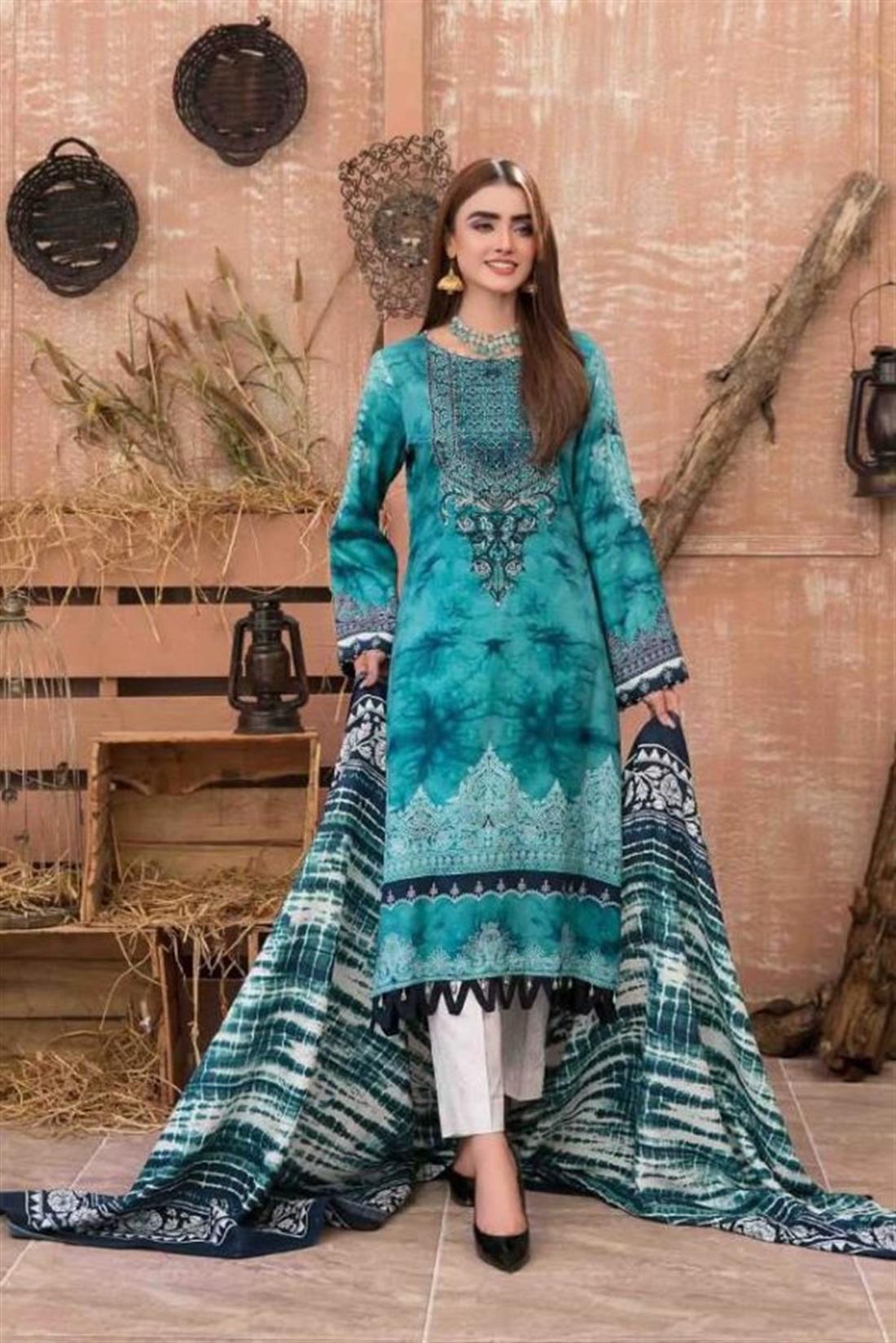 Teal 3 Piece Embroidered Printed Linen Salwar Kameez