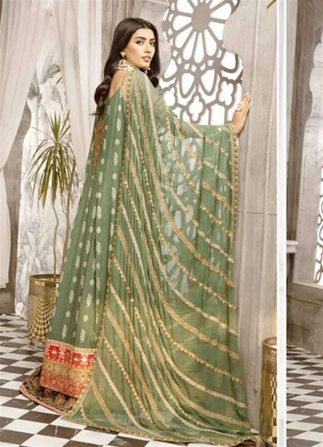 Green Embroidered Maxi Johra Bella Lawn Suit with Chiffon Dupatta