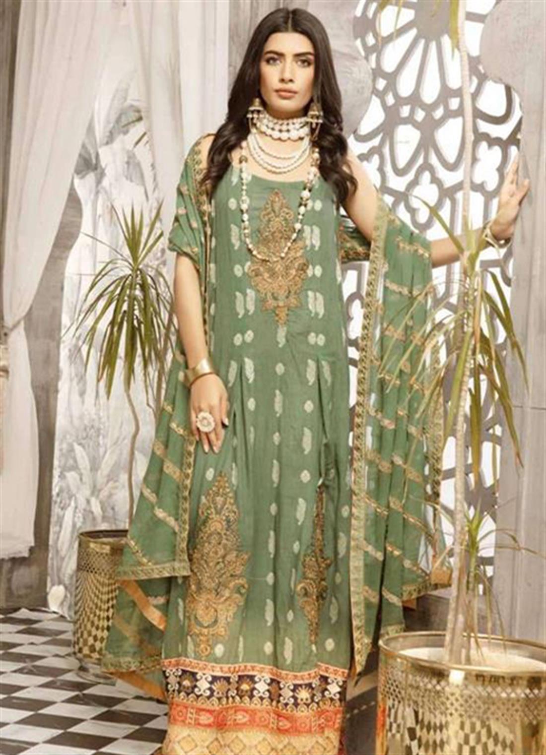 Green Embroidered Maxi Johra Bella Lawn Suit with Chiffon Dupatta