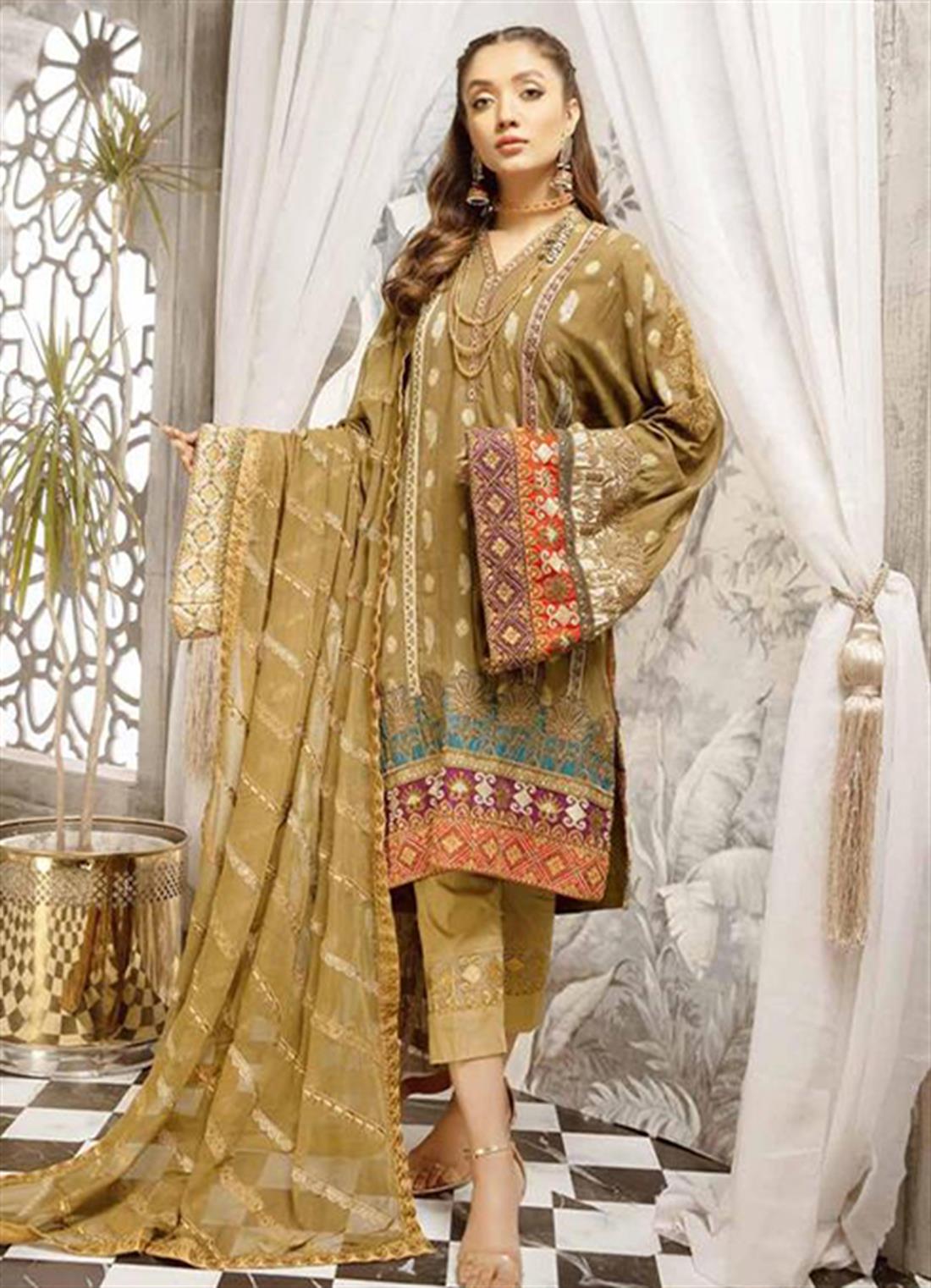 Mehndi Green Embroidered Chiffon Ladies Readymade