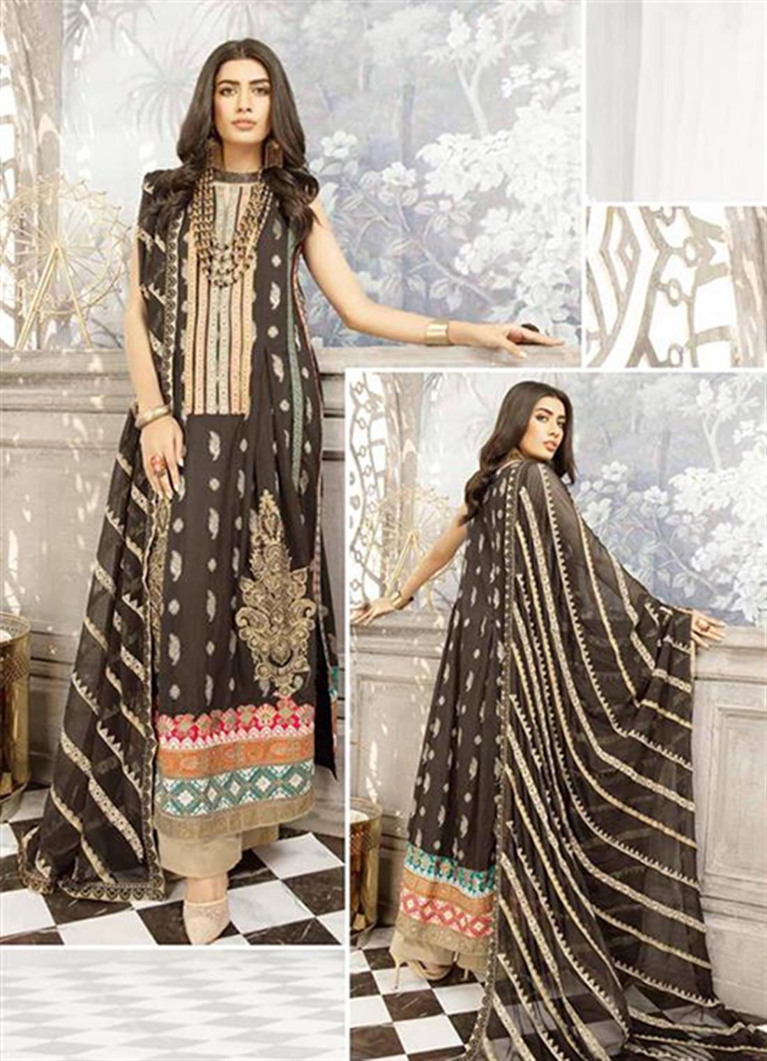 Black Chiffon Readymade Johra Bella Embroidered Lawn Suit