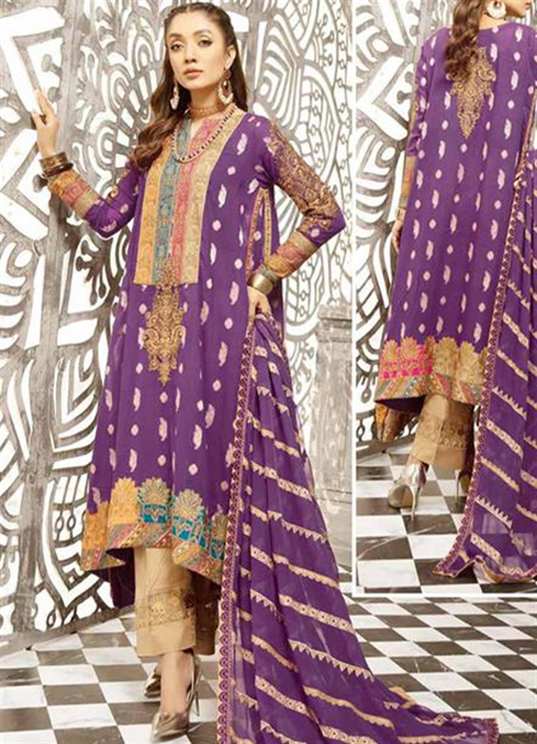 Purple Embroidered Chiffon Peplum Ladies Readymade