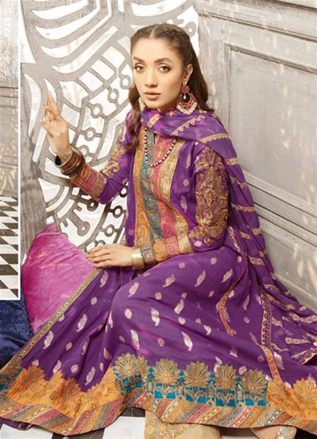 Purple Embroidered Chiffon Peplum Ladies Readymade