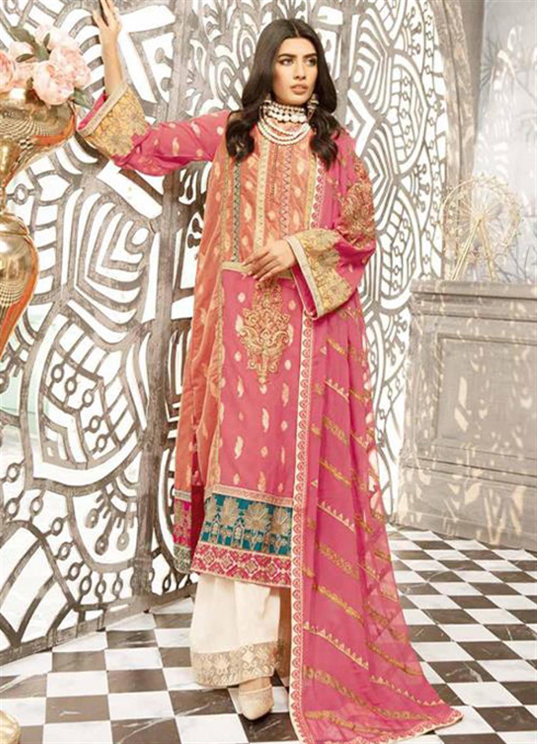 Pink Embroidered Chiffon Ladies Readymade