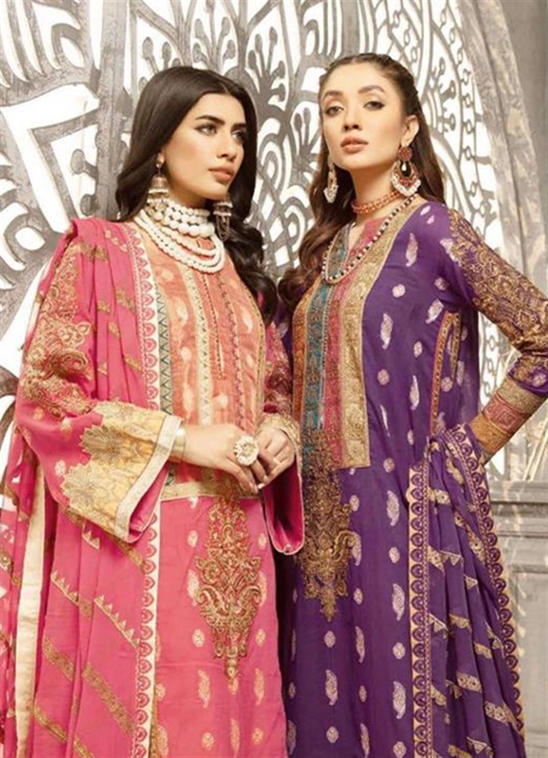 Pink Embroidered Chiffon Ladies Readymade