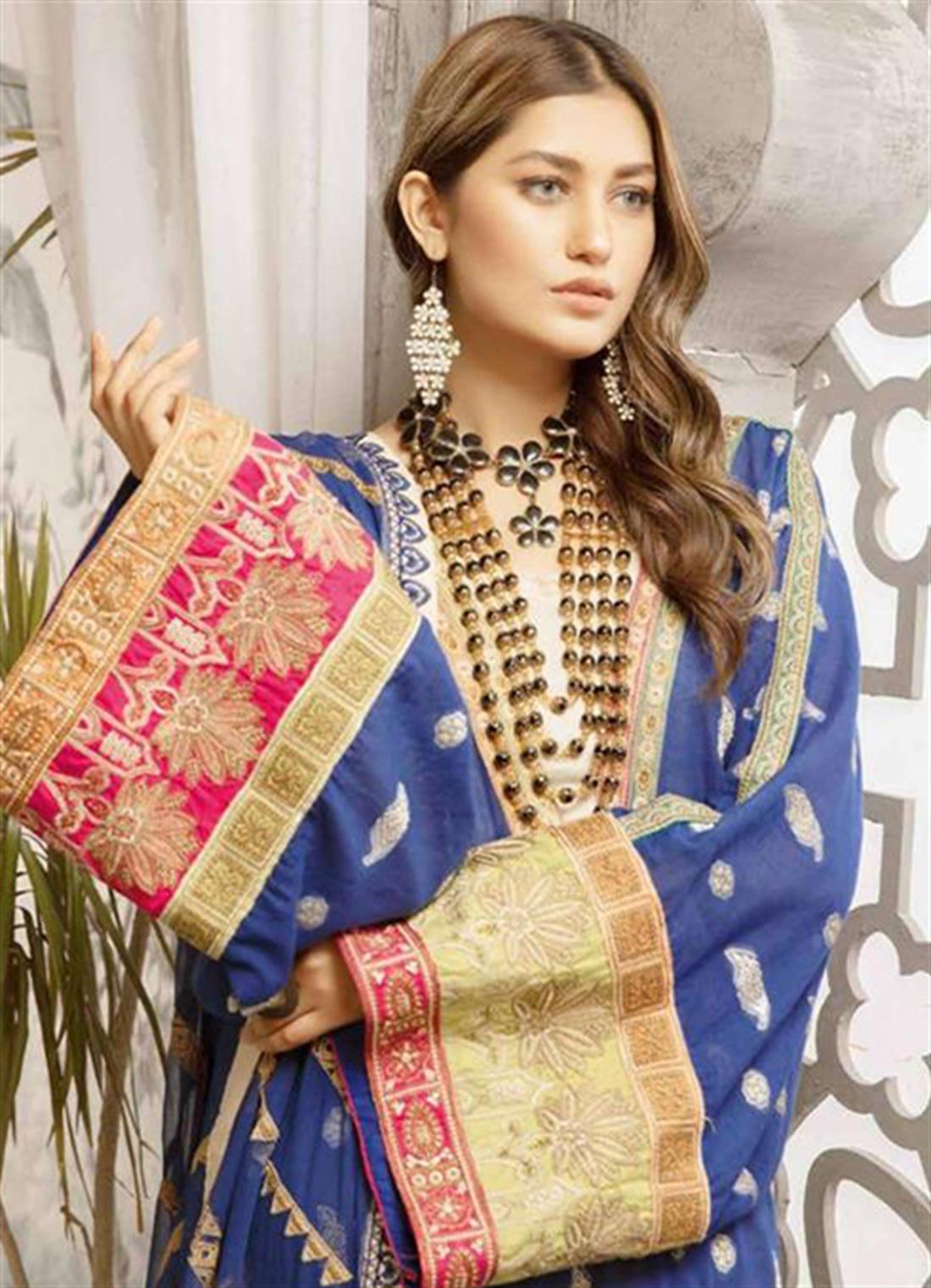 Royal Blue Chiffon Maxi 3 Piece Johra Bella Embroidered Lawn Suit