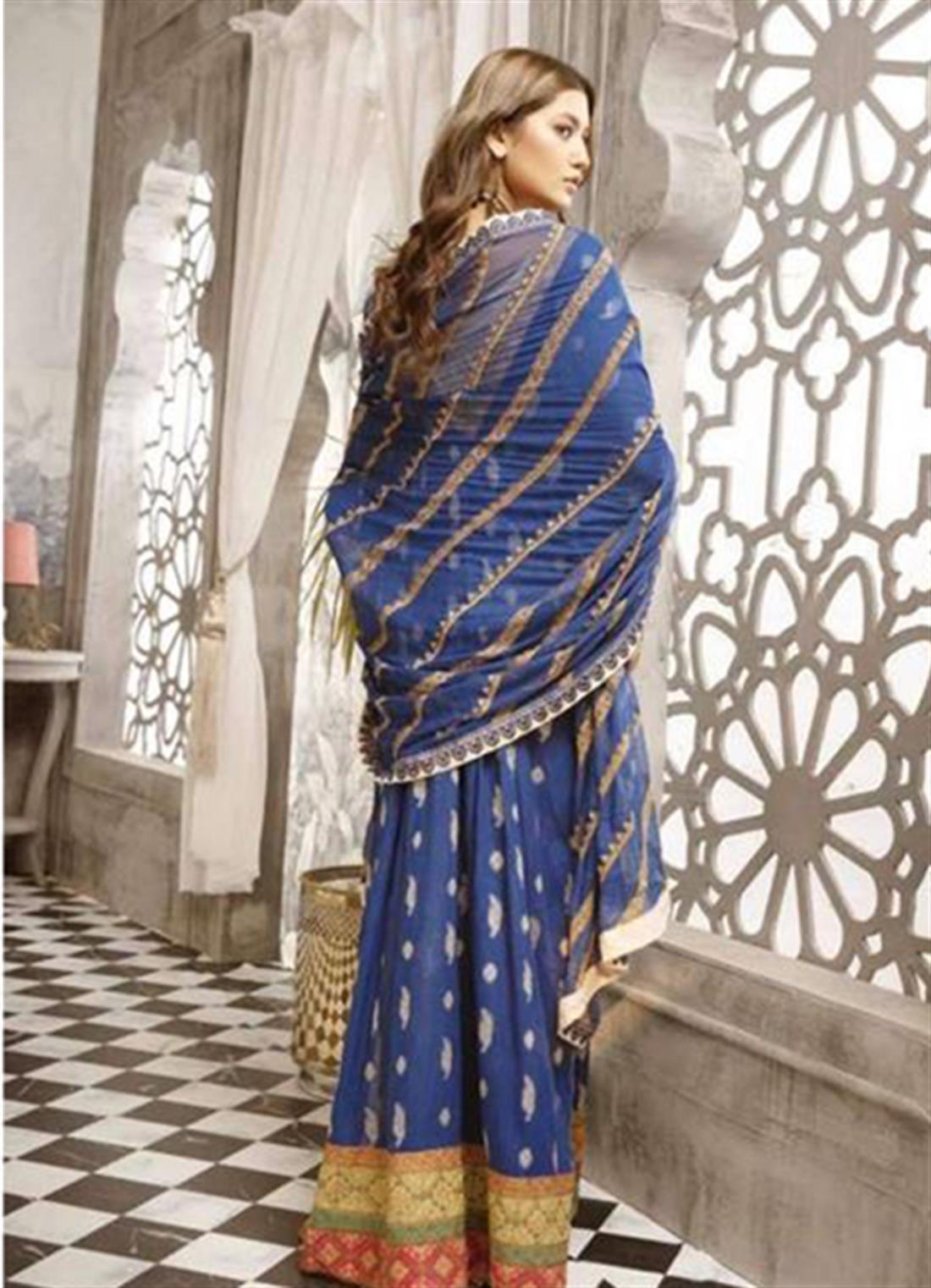 Royal Blue Chiffon Maxi 3 Piece Johra Bella Embroidered Lawn Suit