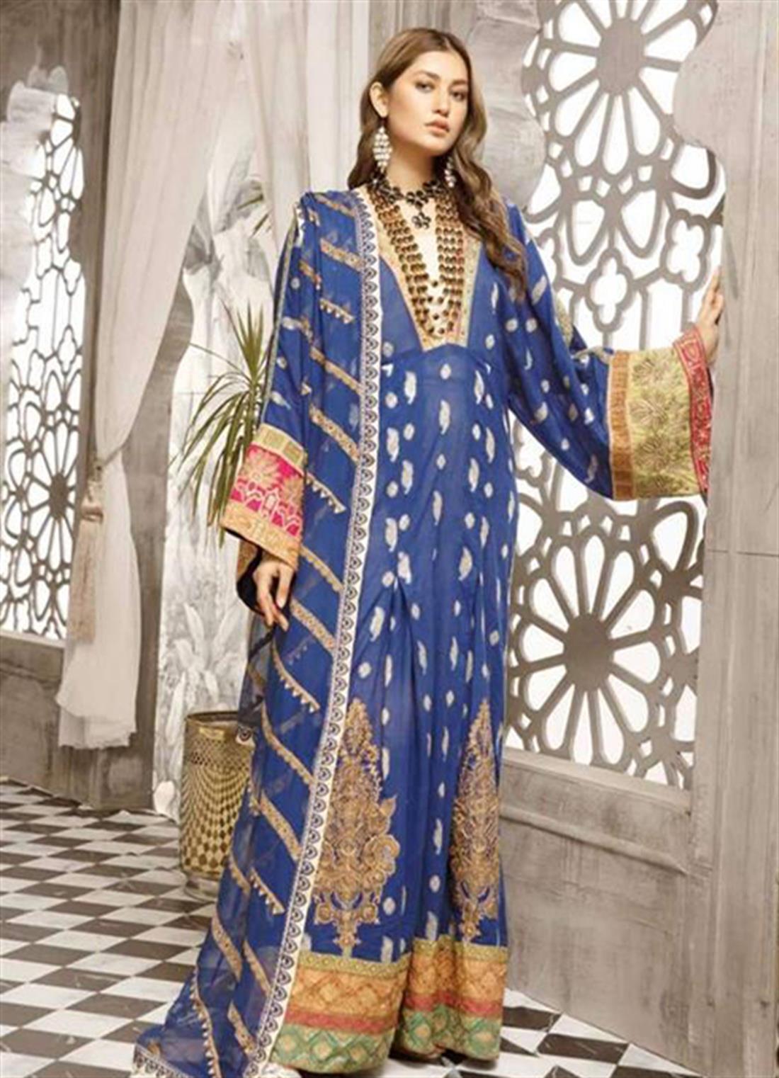 Royal Blue Chiffon Maxi 3 Piece Johra Bella Embroidered Lawn Suit