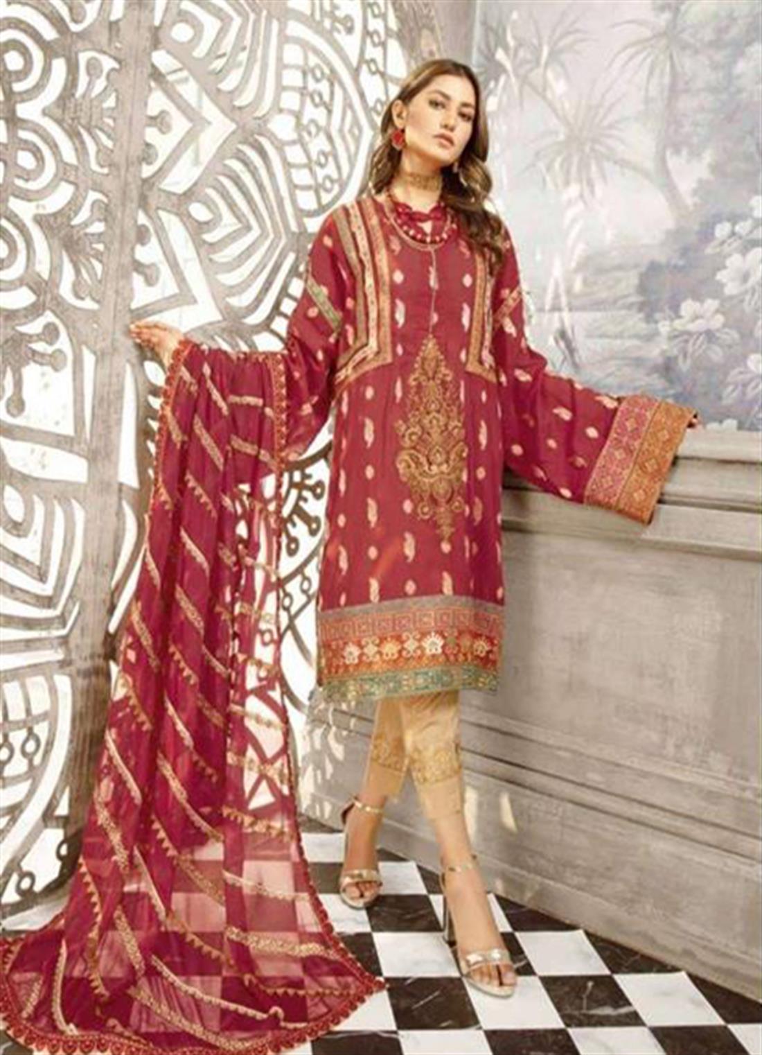 Maroon Chiffon Readymade Johra Bella Embroidered Lawn Suit