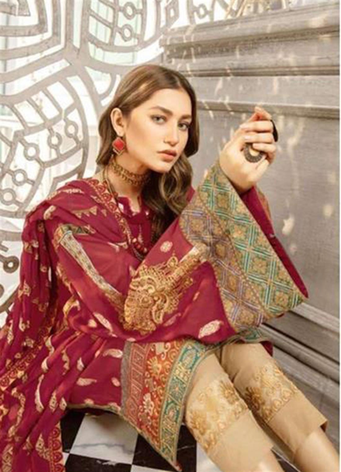 Maroon Chiffon Readymade Johra Bella Embroidered Lawn Suit